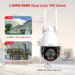 Caméra PTZ HD 8MP WIFI/4G /POE, Dispositif de Sécurité avec Objectif , 2.8mm, 8mm, Zoom Numérique 10X, Détection Humanoïde AI, Suivi